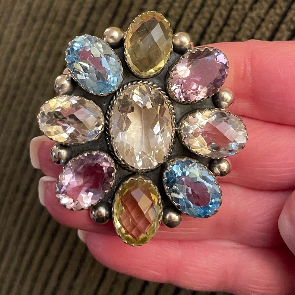 Beautiful crystal, quartz and blue topaz cluster ring